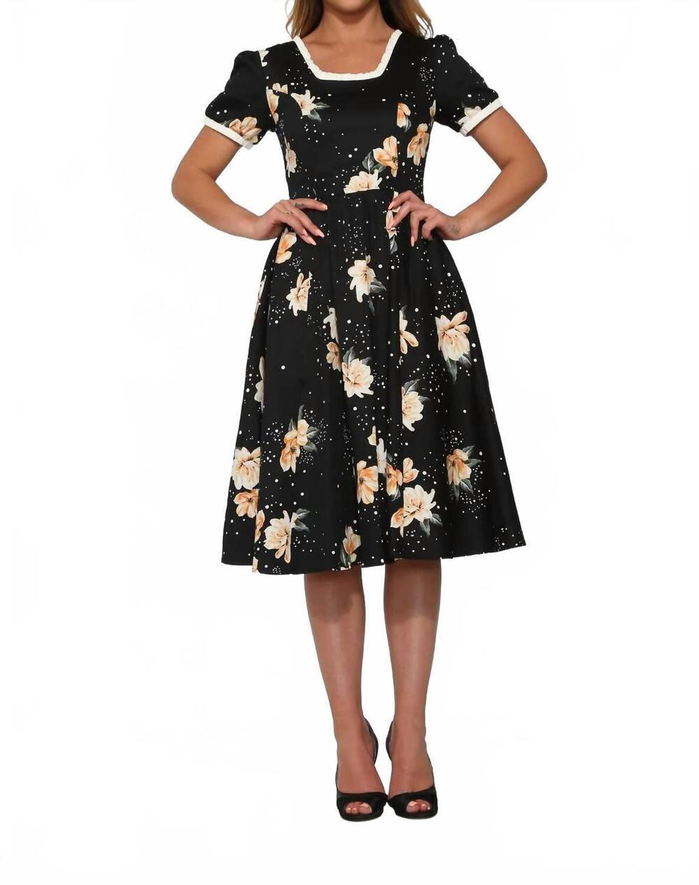 NEW ORCHID BLOOM short sleeve floral dress in black